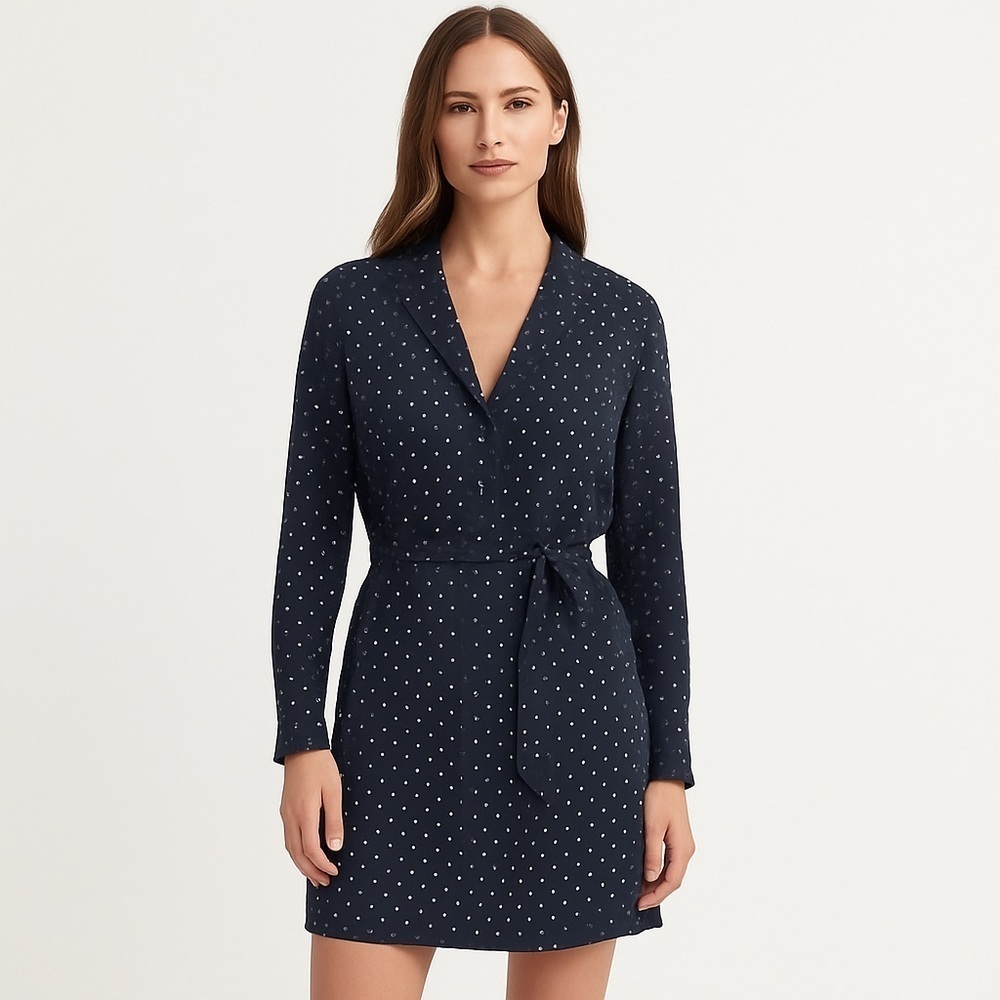 Everlane Polka Dot Dress Navy/White (4) Tie Waist Cupro, Preppy, Minimalist